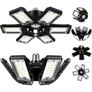 Adjustable LED garage ceiling lights with multiple hinged panels for customizable angle lighting, shown in various configurations.