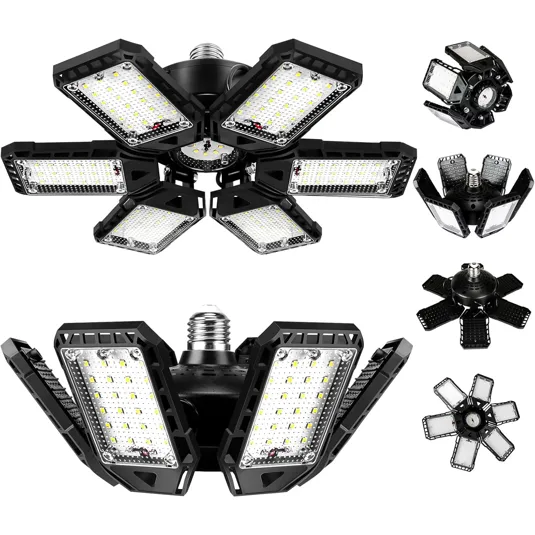 Adjustable LED garage ceiling lights with multiple hinged panels for customizable angle lighting, shown in various configurations.
