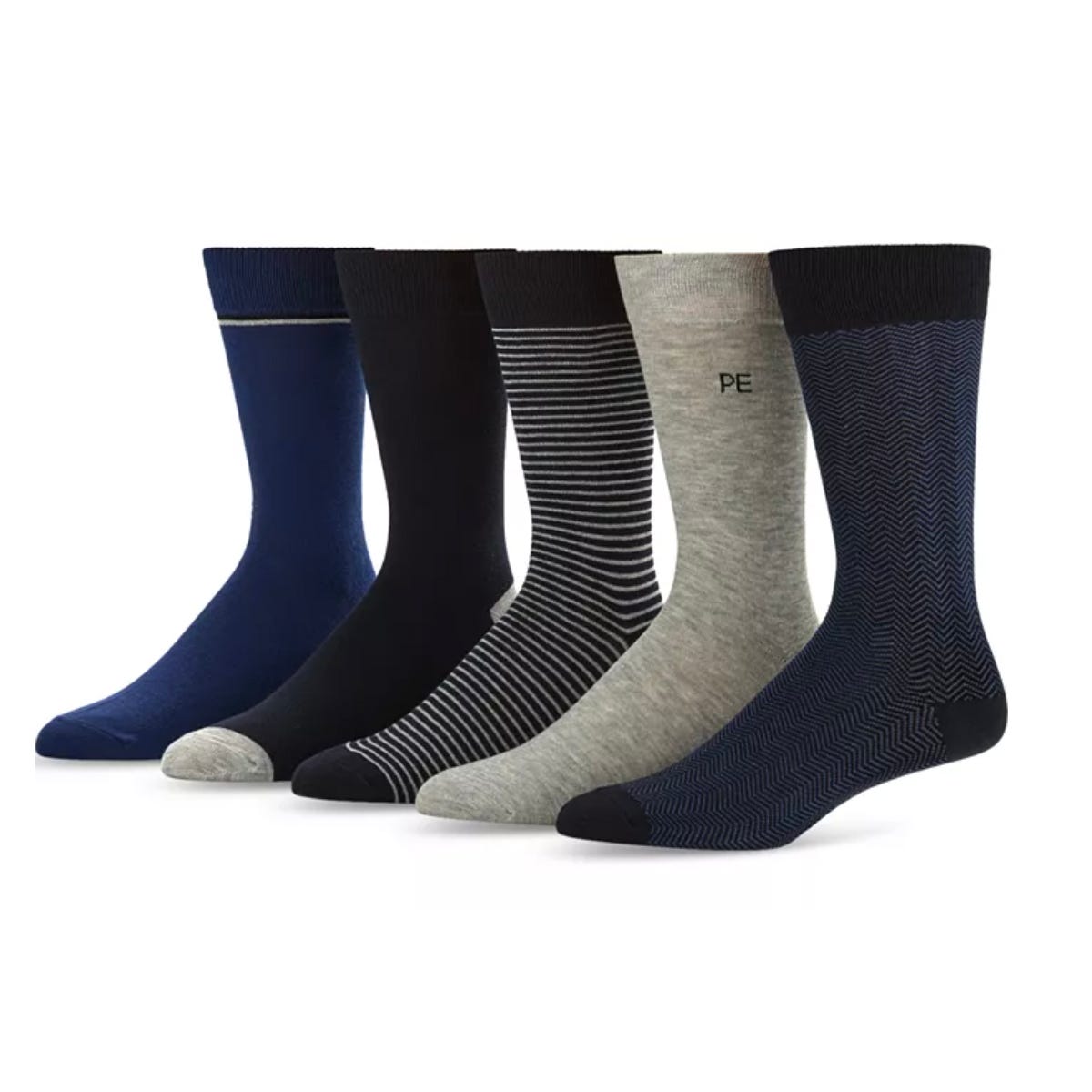 5-pack of Perry Ellis socks featuring a mix of patterns and colors: solid blue with a stripe, solid black, black with white stripes, solid gray with \“PE\“ branding, and blue with a chevron pattern.