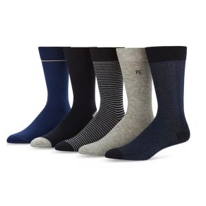 5-pack of Perry Ellis socks featuring a mix of patterns and colors: solid blue with a stripe, solid black, black with white stripes, solid gray with \“PE\“ branding, and blue with a chevron pattern.