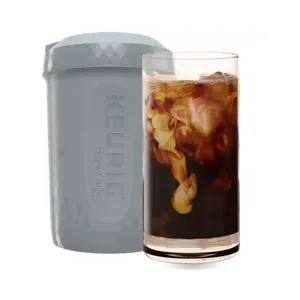 Keurig coffee maker and a glass of iced coffee.