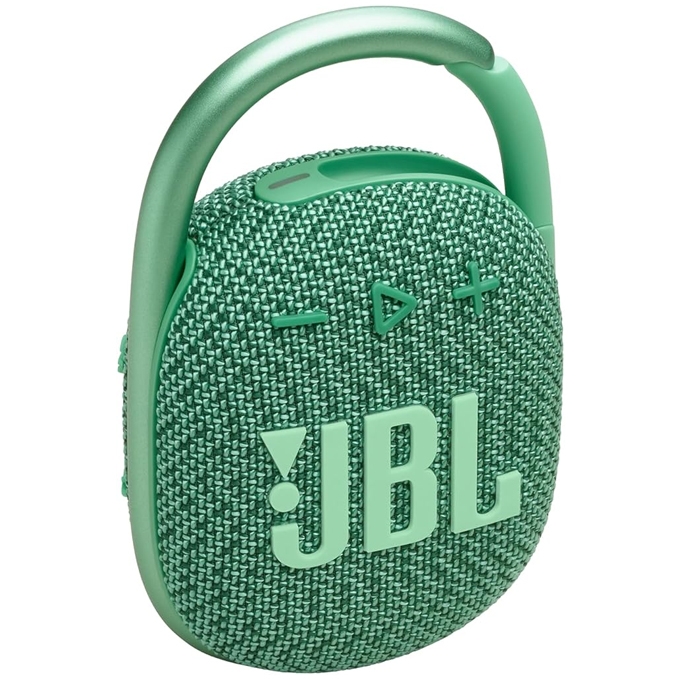 A green JBL portable Bluetooth speaker with a woven texture, featuring a built-in carabiner clip and control buttons for volume and playback.