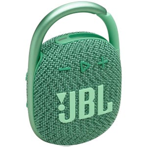 A green JBL portable Bluetooth speaker with a woven texture, featuring a built-in carabiner clip and control buttons for volume and playback.