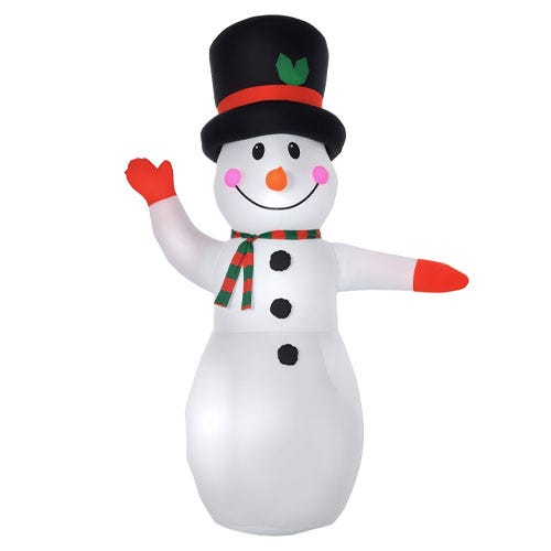 Inflatable snowman with a black top hat, green and red striped scarf, and orange mittens, standing with one arm raised and a cheerful face.