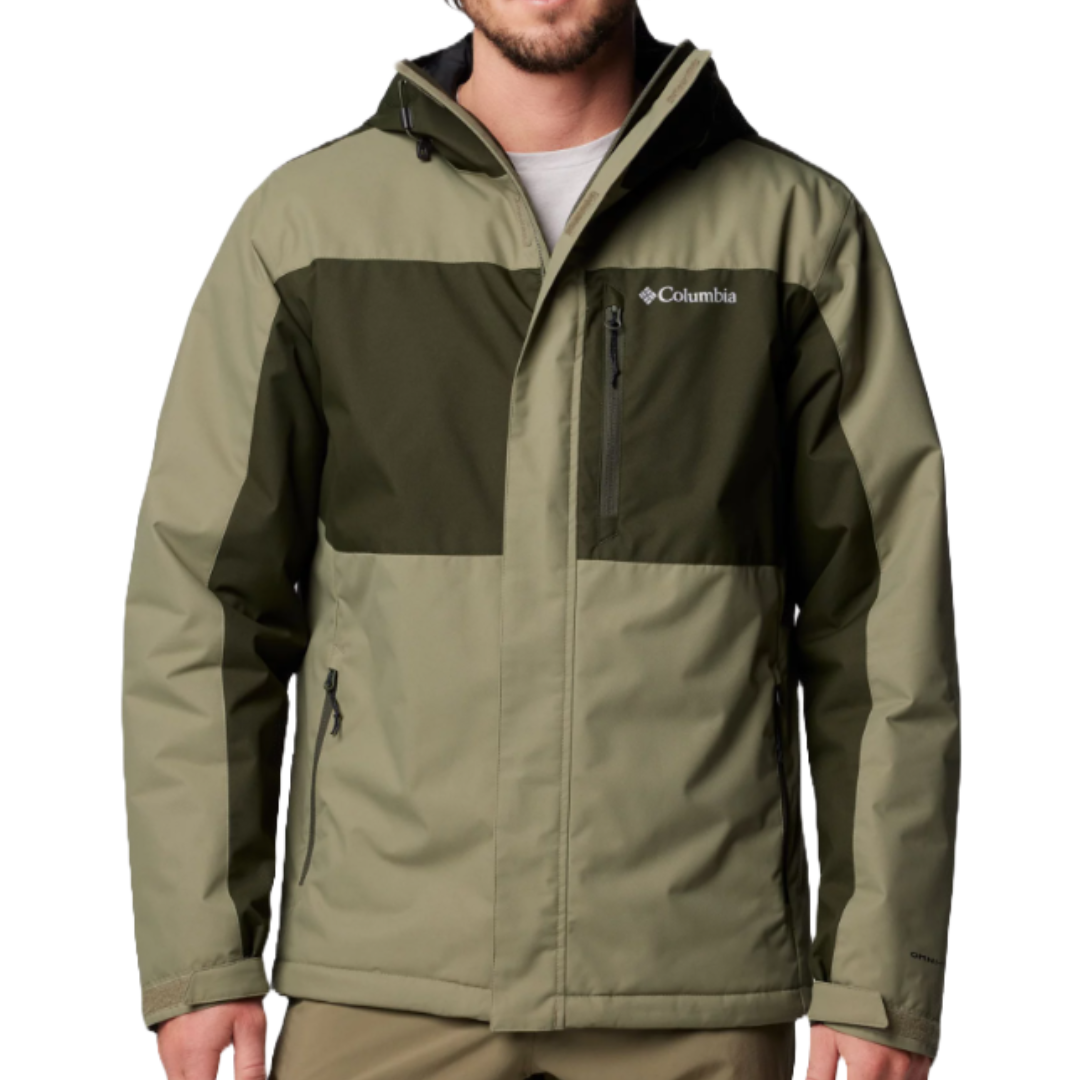 A two-tone green Columbia jacket with a hood, featuring front zip pockets and the Columbia logo on the chest.