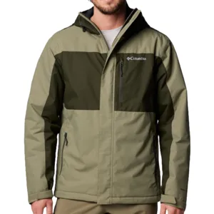 A two-tone green Columbia jacket with a hood, featuring front zip pockets and the Columbia logo on the chest.