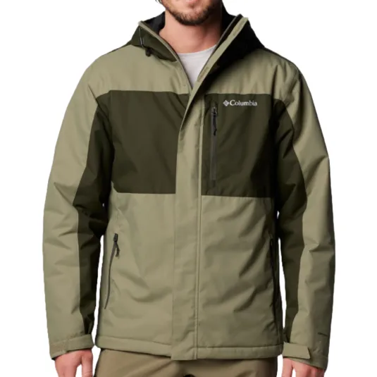 A two-tone green Columbia jacket with a hood, featuring front zip pockets and the Columbia logo on the chest.