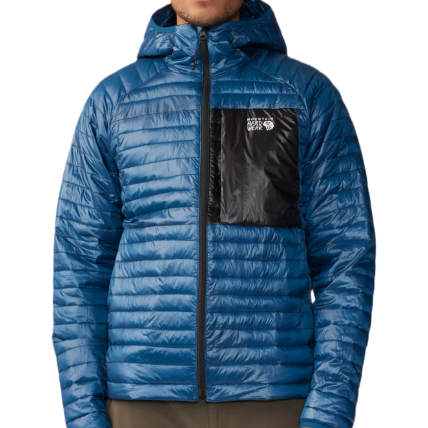 Mountain Hardwear Ventano Hoody is a blue, lightweight puffer jacket with a hood and black chest pocket, designed for warmth and comfort in outdoor activities.
