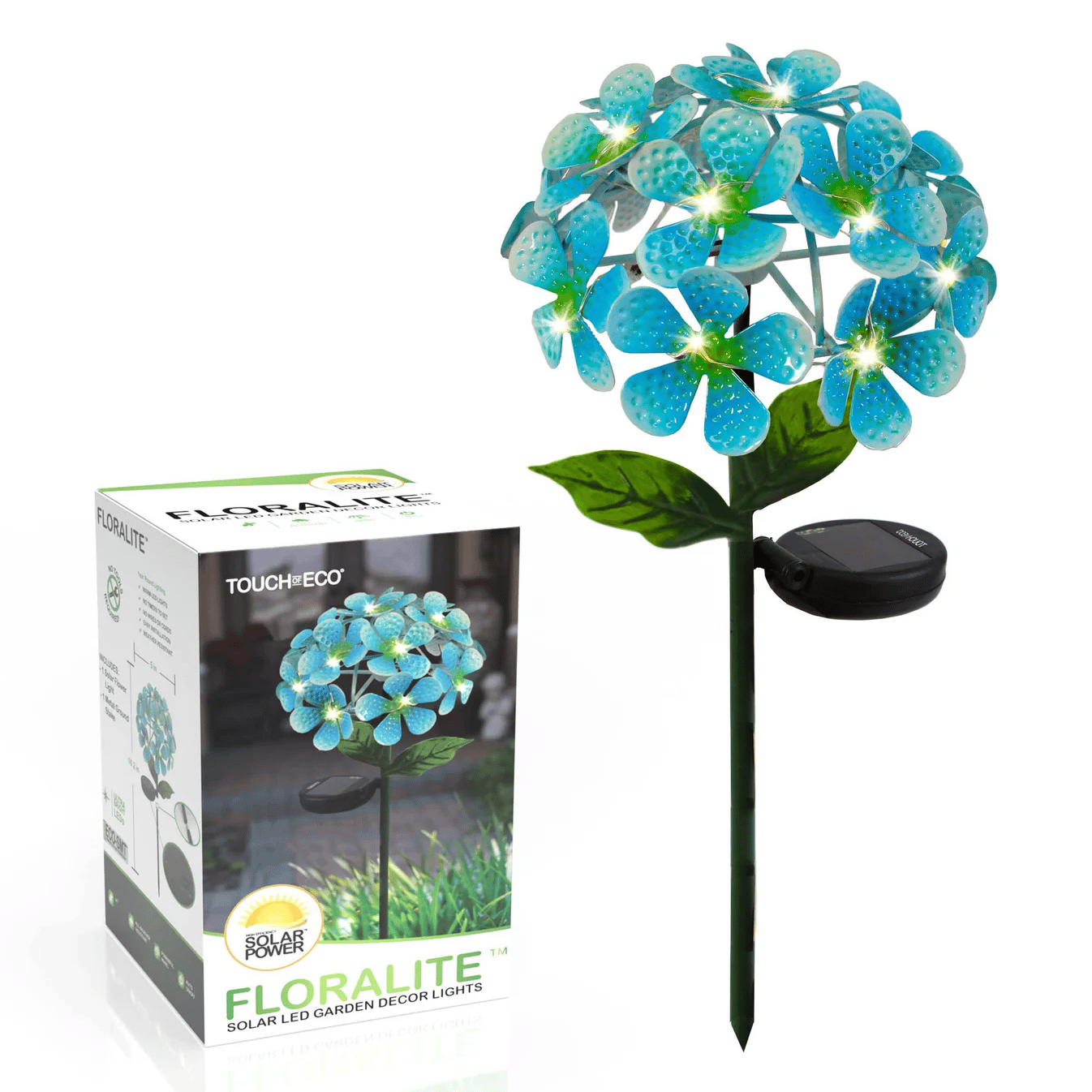 Solar LED garden decor light in the shape of blue flowers with a stake for outdoor installation and a solar panel for power, alongside its packaging box.