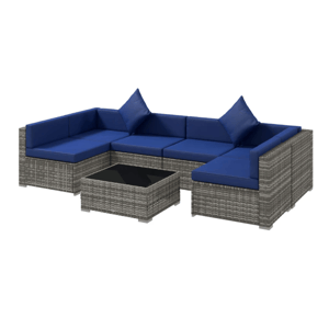 Outdoor sectional sofa set with gray wicker frame, blue cushions, and a matching square coffee table with a glass top.