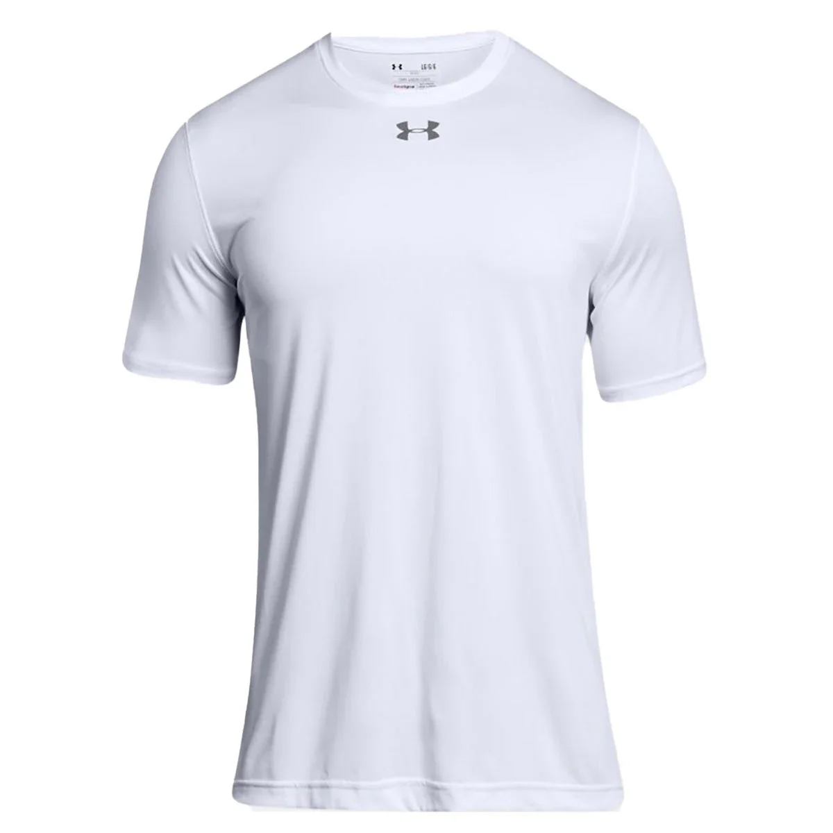 White Under Armour T-shirt featuring the brand's logo on the chest, designed for athletic use with a fitted, short-sleeve cut.