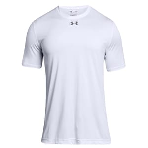 White Under Armour T-shirt featuring the brand's logo on the chest, designed for athletic use with a fitted, short-sleeve cut.