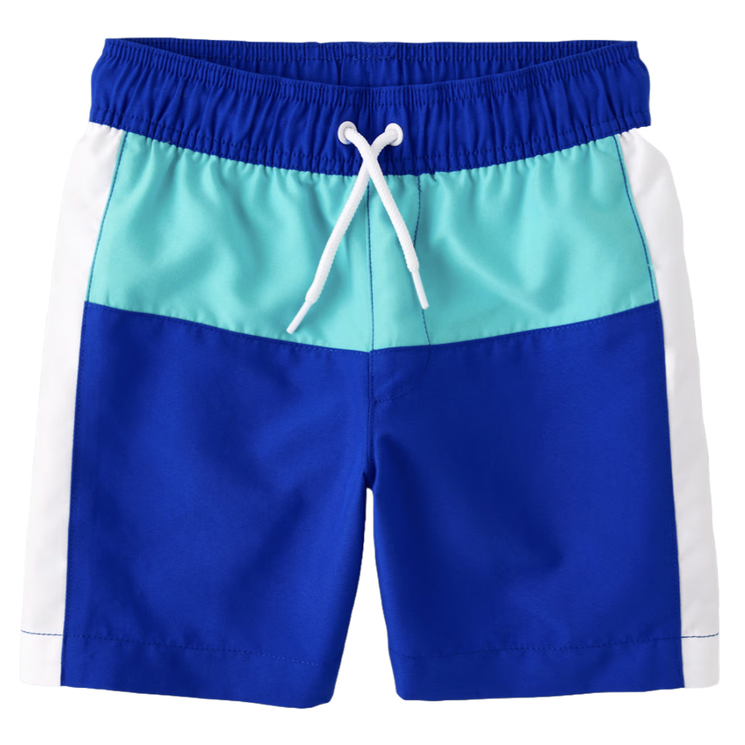 Blue and turquoise color-blocked swim trunks with a white drawstring and white side stripes.