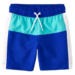 Blue and turquoise color-blocked swim trunks with a white drawstring and white side stripes.