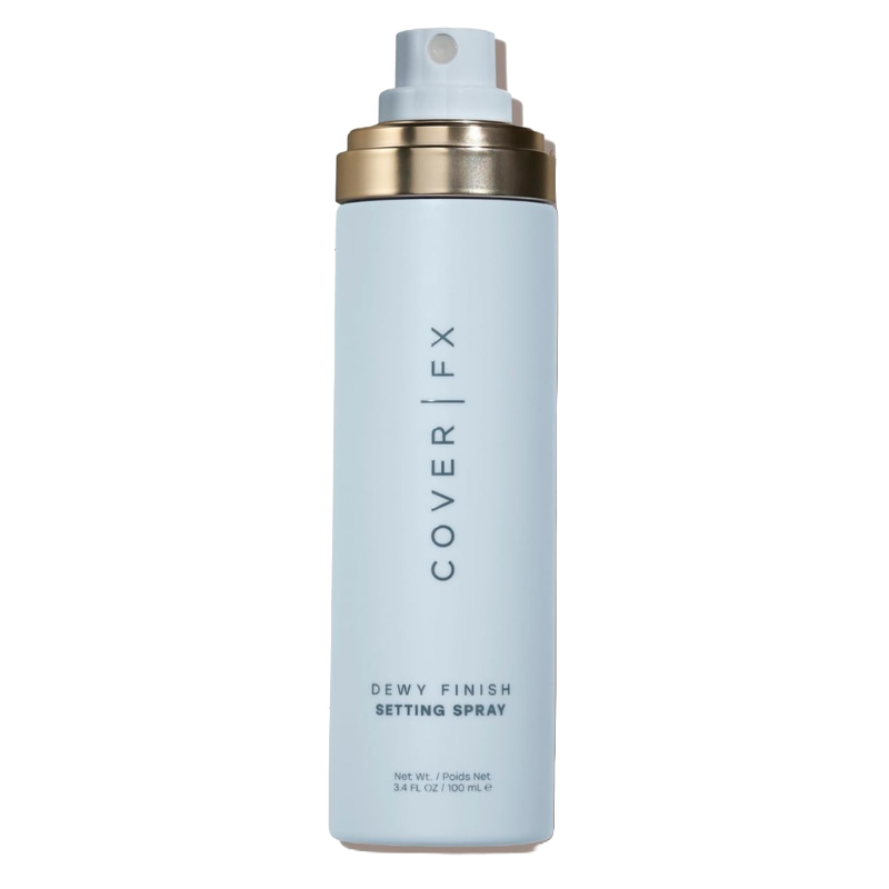 Cover FX Dewy Finish Setting Spray is in a light blue bottle with a gold cap. The spray is designed to set makeup with a dewy finish. It has a weight of 3.4 fl oz (100 ml).