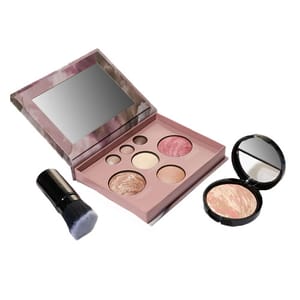 The 3pc Laura Geller Starter Kit includes an eyeshadow palette with five shades, a face powder in a compact with a mirror, and a powder brush.