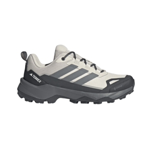 Adidas Terrex hiking shoe featuring a light gray upper, gray accents, and a rugged black sole designed for outdoor use.