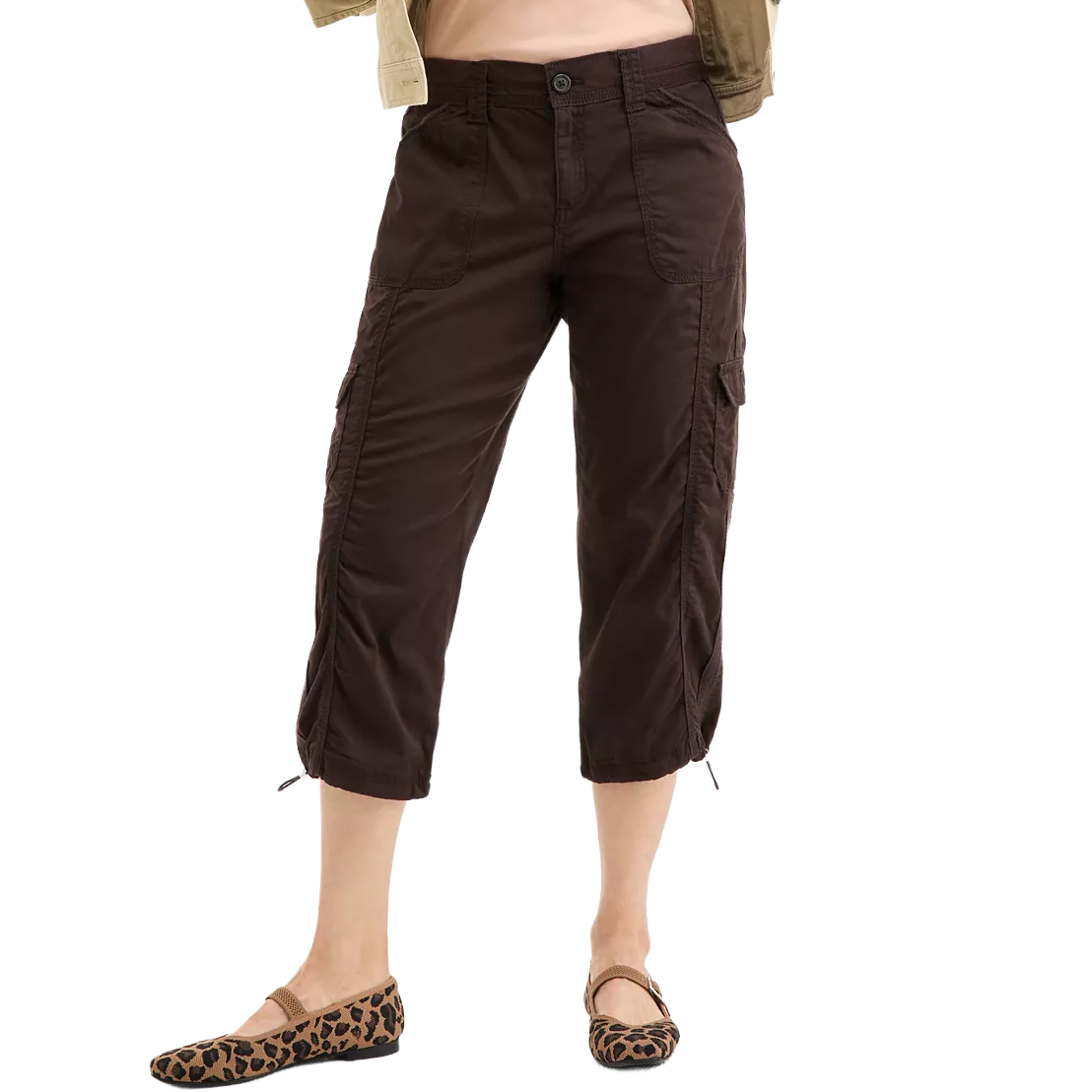 Brown capri pants with side pockets and drawstring hems, paired with leopard print flats.