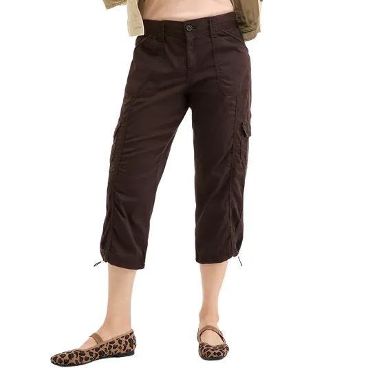 Brown capri pants with side pockets and drawstring hems, paired with leopard print flats.