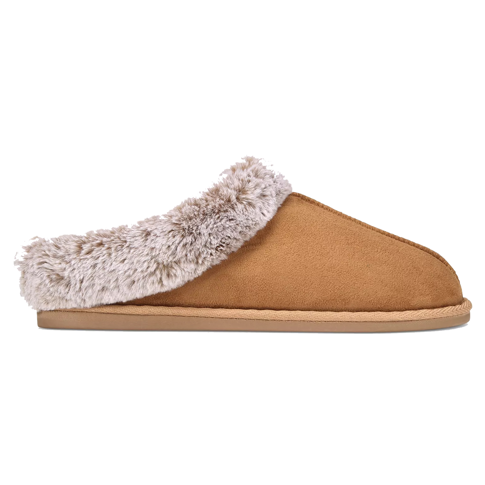 A brown slip-on slipper with a fluffy light beige lining, featuring a simple design and flat sole.