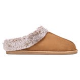 A brown slip-on slipper with a fluffy light beige lining, featuring a simple design and flat sole.