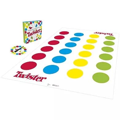 Twister game set featuring a play mat with colored circles, a spinner, and a box.