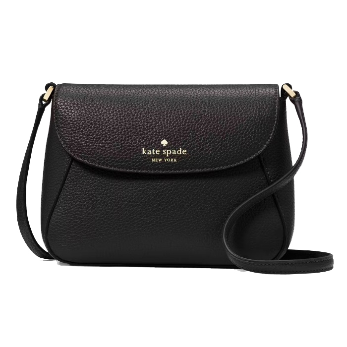 A black leather Kate Spade New York crossbody bag with a pebbled texture, featuring a flap closure and adjustable shoulder strap.