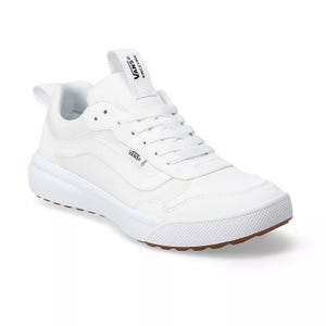 The Vans Range EXP Sneakers are white, low-top sneakers with a lace-up design, featuring a textured rubber sole and subtle Vans branding on the side and tongue tab.