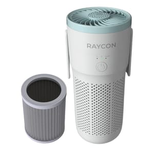 Portable HEPA air purifier with a cylindrical design, featuring a detachable filter and a mint-colored top. It has control buttons for different modes: low, high, and auto.
