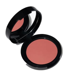 A compact black case with a mirror contains a reddish-pink blush.