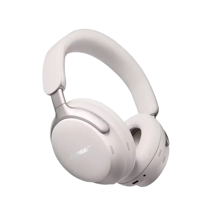 Over-ear white headphones with a sleek design, featuring the Bose logo on the side of the ear cup.
