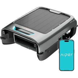 Aiper Robotic Pool Skimmer is an automatic device designed for cleaning pools, featuring a sleek design, solar panel on top, and connectivity to a smartphone app for control and monitoring.