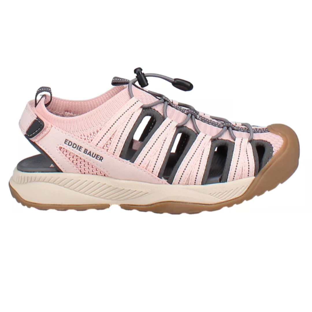 Eddie Bauer Women's Yesler Sandals feature a pink and gray design with an adjustable bungee lacing system, breathable mesh upper, and durable rubber sole for comfort and traction.