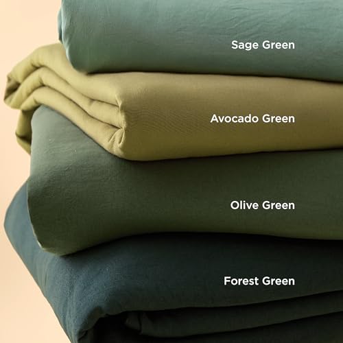 Four stacked fabric pieces in varying shades of green: sage, avocado, olive, and forest green.
