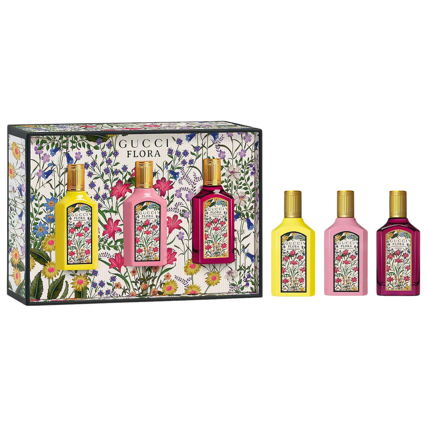 Gucci Flora gift set featuring three floral-themed perfumes in yellow, pink, and purple bottles, each with a gold cap, displayed against a floral background.