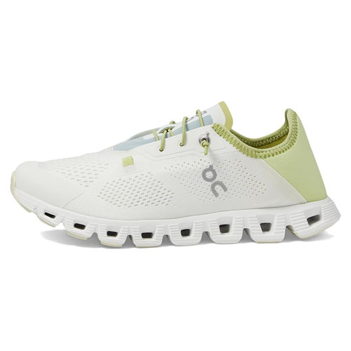 Light green and white running shoes with a distinctive cloud-like sole design and a breathable mesh upper.