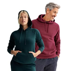 Two people are wearing hoodies; one person is in a dark green hoodie with a hood up, and the other is in a burgundy hoodie.