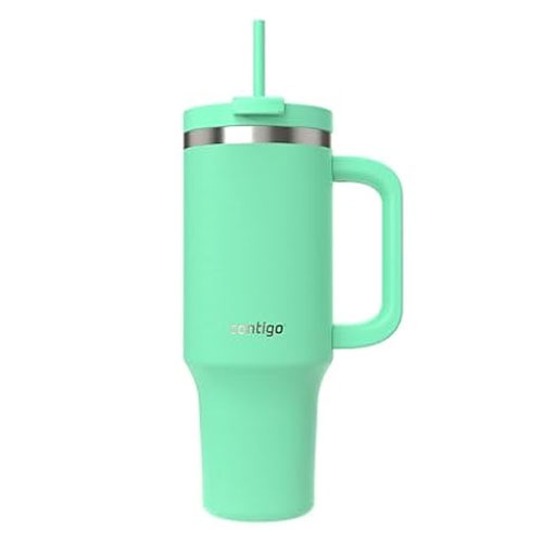 A mint green Contigo 40oz tumbler with a handle and a lid, featuring a straw opening. It has a sleek, modern design with the brand name printed on the side.