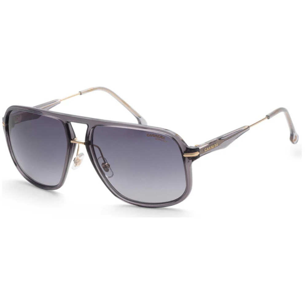 A pair of Carrera aviator-style sunglasses with a transparent gray frame, gold accents, and gradient dark lenses.