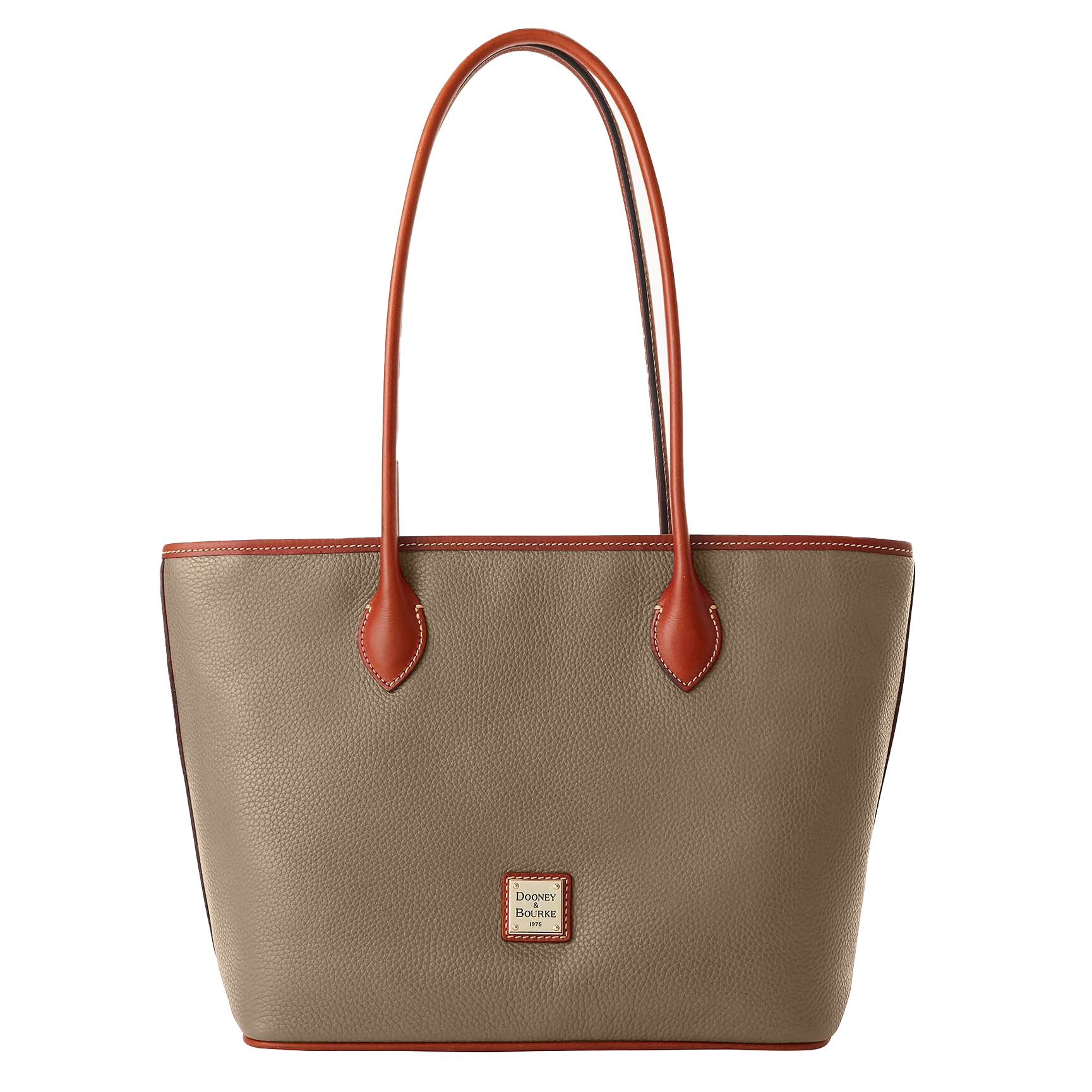A Dooney & Bourke Pebble Leather Tote featuring a pebbled taupe body with brown leather handles and trim. It includes a small logo patch on the front.