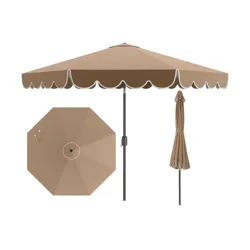Beige patio umbrella with scalloped edge, showing three views: top-down, side, and folded.