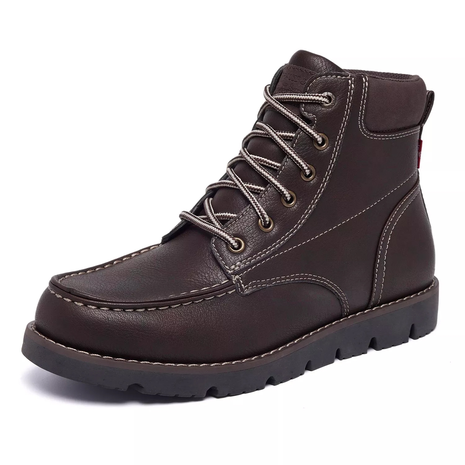 Dark brown leather ankle boot with white stitching, lace-up design, and lugged sole.