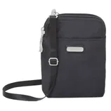 A compact black crossbody bag with a zipper closure and adjustable strap, featuring a metal logo plate on the front.