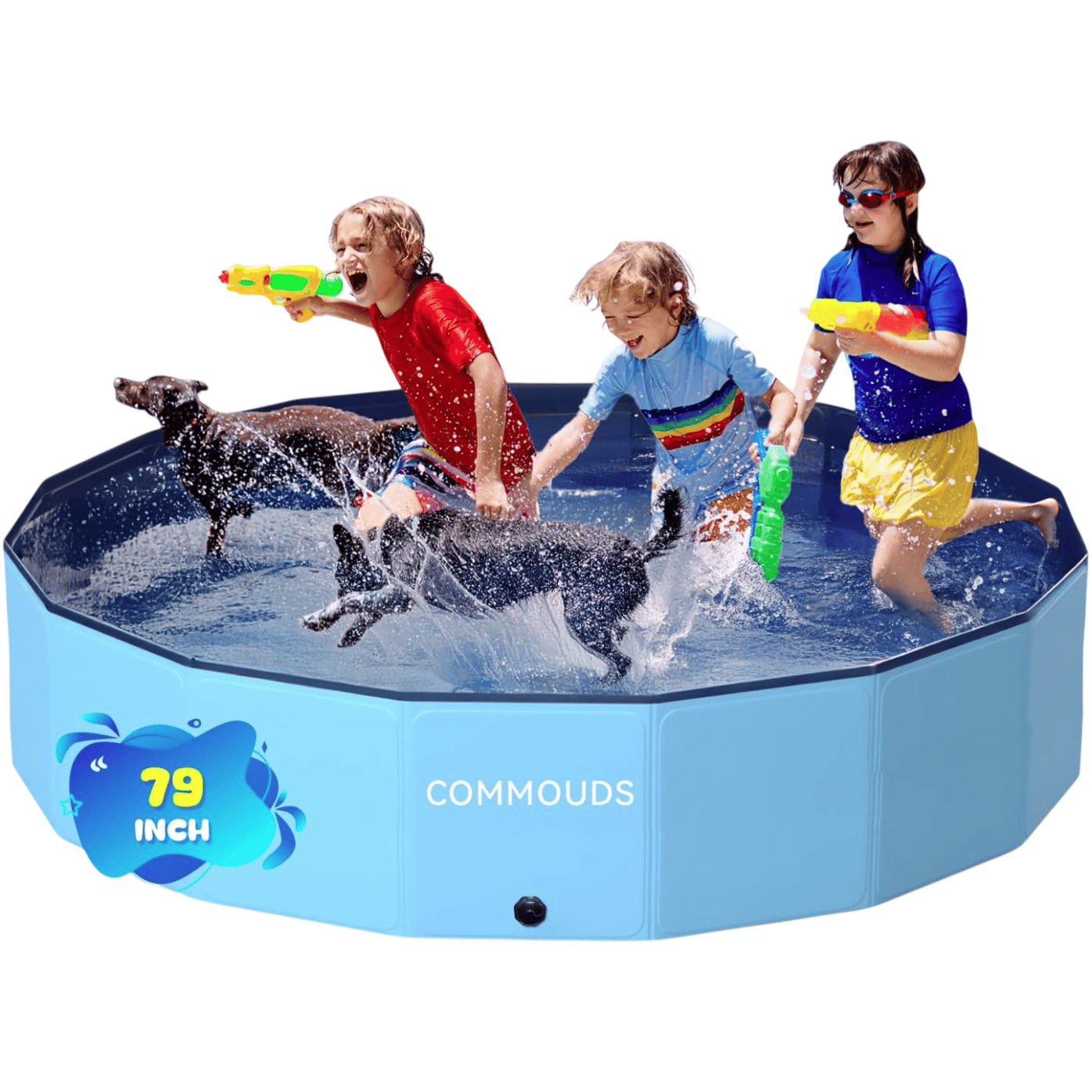 A 79-inch foldable kiddie pool with three children and two dogs playing inside, using water guns and splashing water.