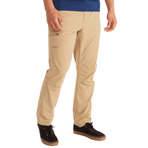 Marmot Men's Arch Rock Pants are durable, lightweight khaki pants designed for outdoor activities. They feature a zippered side pocket for secure storage and are paired with black shoes with brown soles.