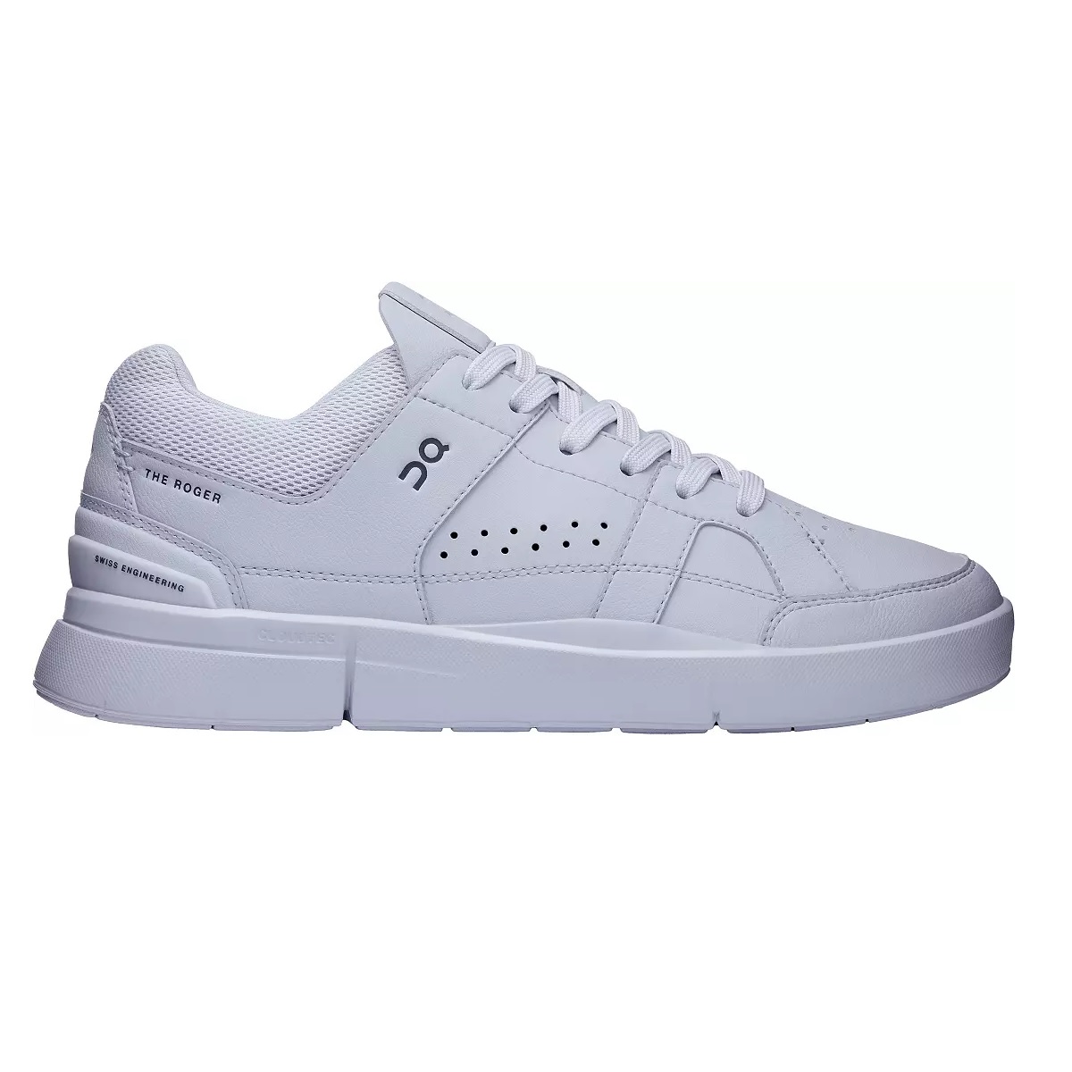 The On The Roger shoes are sleek white sneakers featuring a perforated side panel, lace-up design, and \“CloudTec\“ sole technology for comfort. They are designed with a clean aesthetic and subtle branding details.