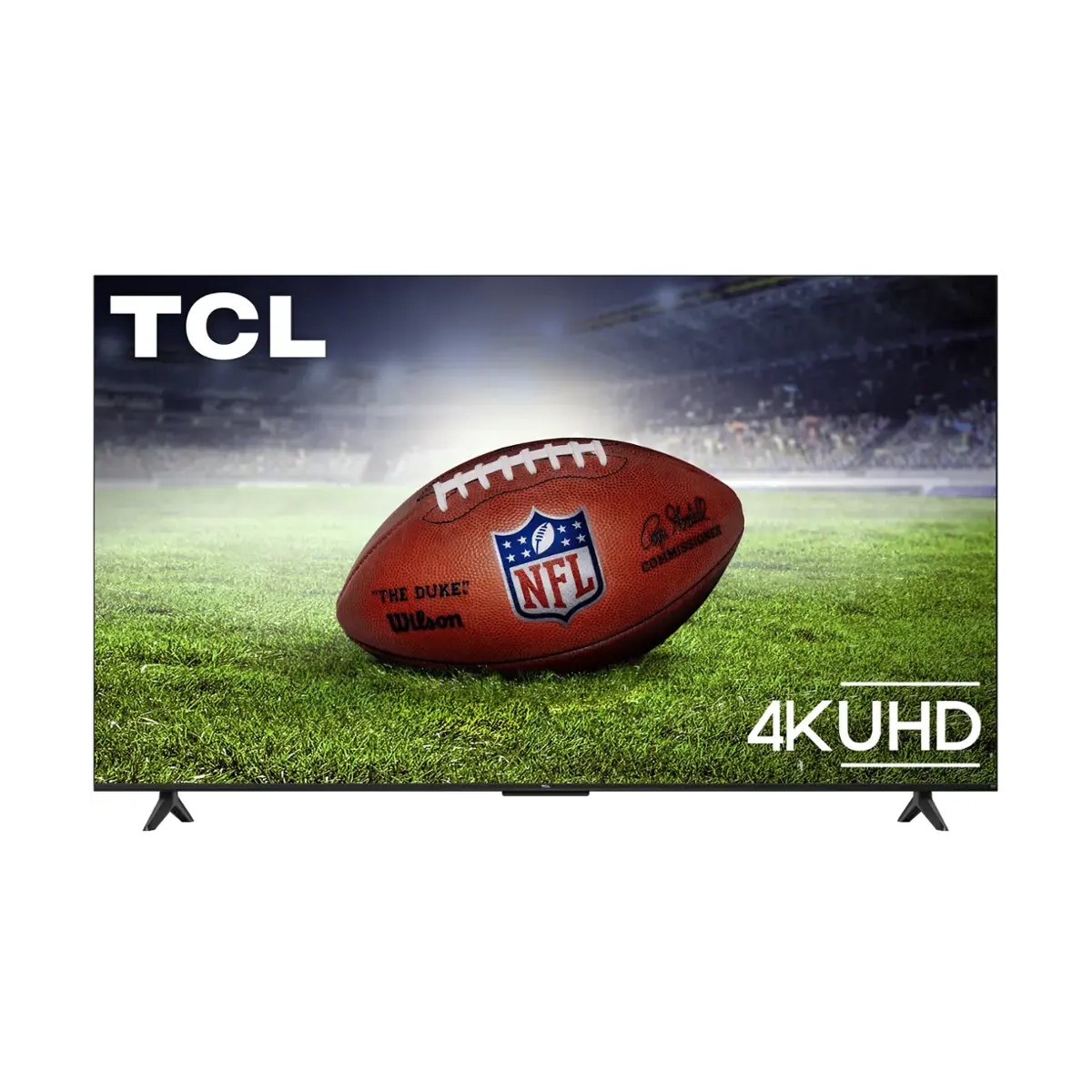 TCL 55\“ 4K UHD TV with a featured image of an NFL football on a grass field, highlighting sports viewing capabilities.