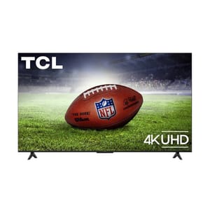 TCL 55\“ 4K UHD TV with a featured image of an NFL football on a grass field, highlighting sports viewing capabilities.