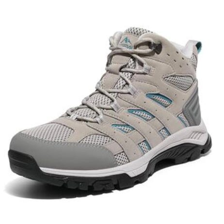 A beige and gray hiking boot with mesh panels, blue accents, and a rugged sole designed for outdoor use.