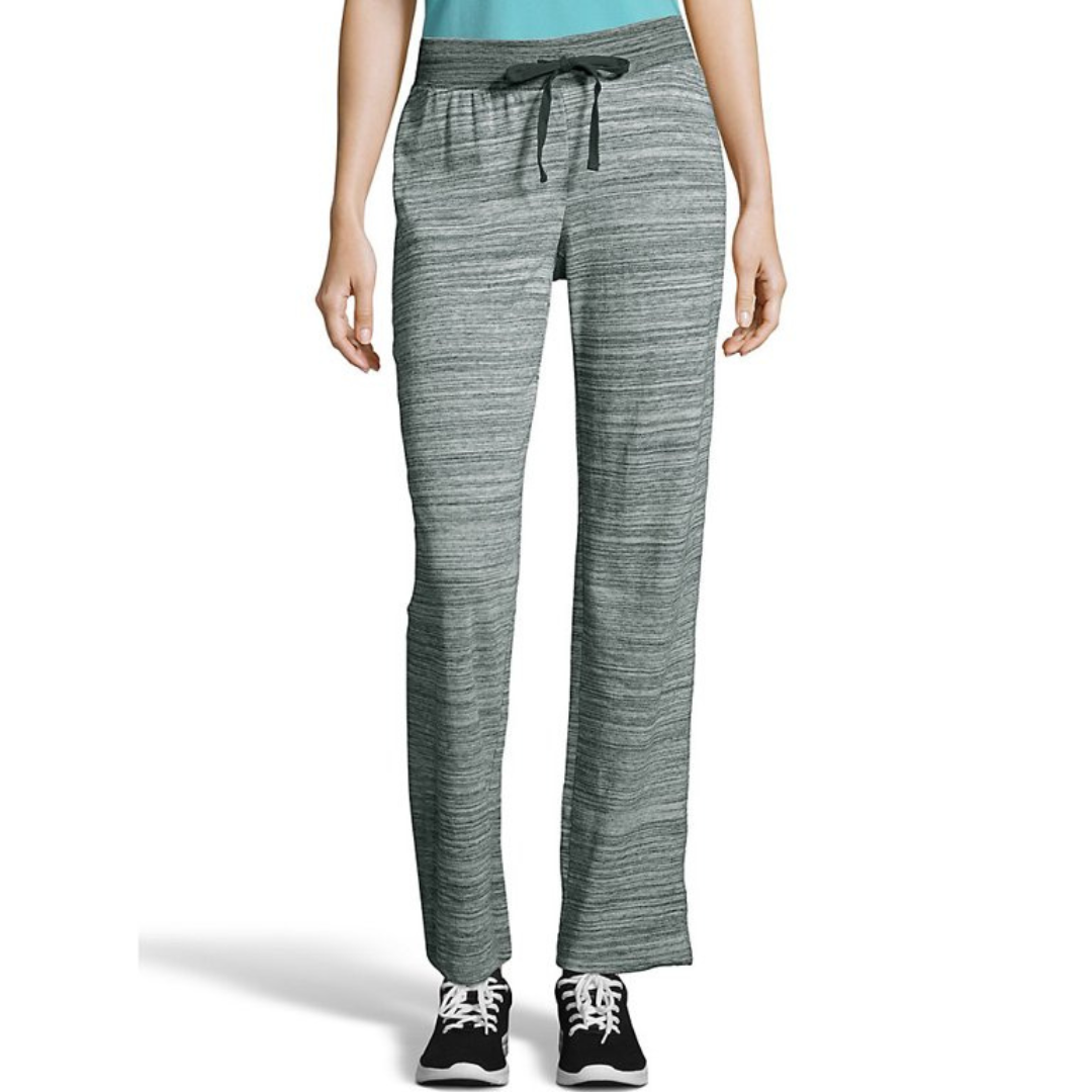 Heather gray jogger pants with a drawstring waist, paired with black sneakers and a teal top, featuring a casual, comfortable fit.